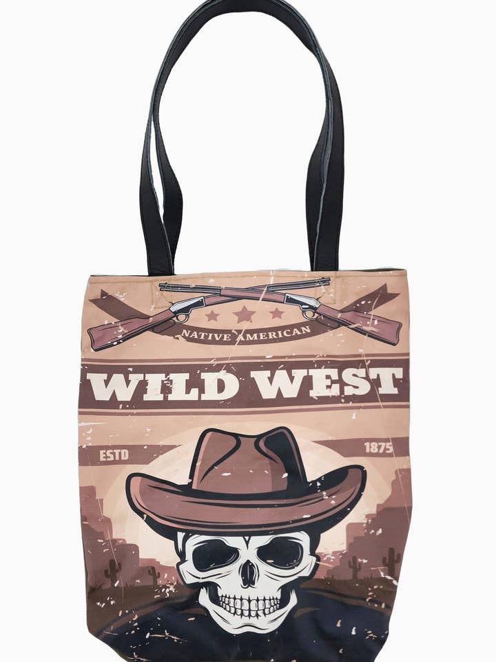 Borsa da tenda militare riciclata Skull Wild West per la vendita all'ingrosso da parte di Vintage Addiction