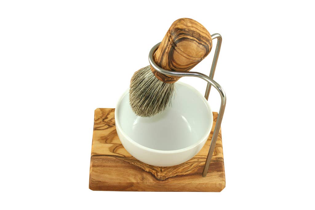 olivenholz-erleben – wholesale Shaving set/kit – Men's – DESIGN 3-piece shaving brush set made from olive wood badger hair