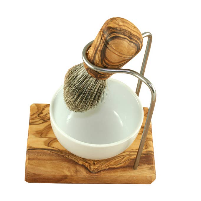 olivenholz-erleben – wholesale Shaving set/kit – Men's – DESIGN 3-piece shaving brush set made from olive wood badger hair0