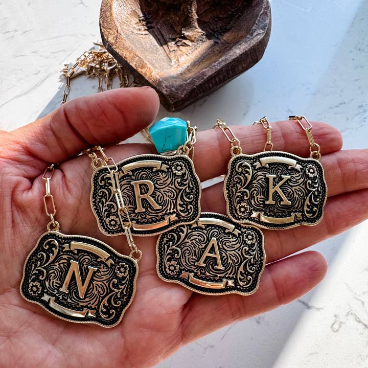 Boho Ranch Shop - Wholesale Pendant/Charm Necklace - Western Initial Buckle Pendant Necklace 7