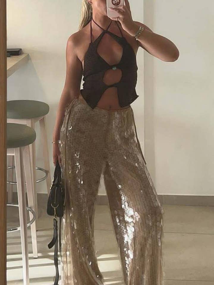 KHAKI Sequin Wide-Leg Casual Pants for wholesale on Faire0