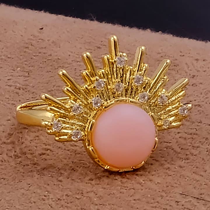 Adjustable Pink Opal Ring Sunburst CZ Gold-Plated Rings for wholesale by El Joyero