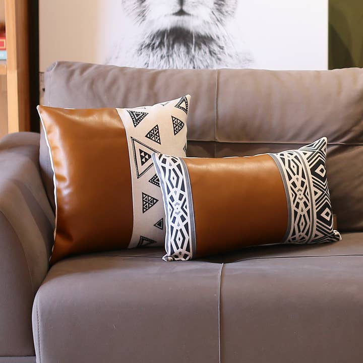 Set of 2 Mixed Brown Vegan Faux Leather Throw Pillow for wholesale by MIKE & Co. NEW YORK