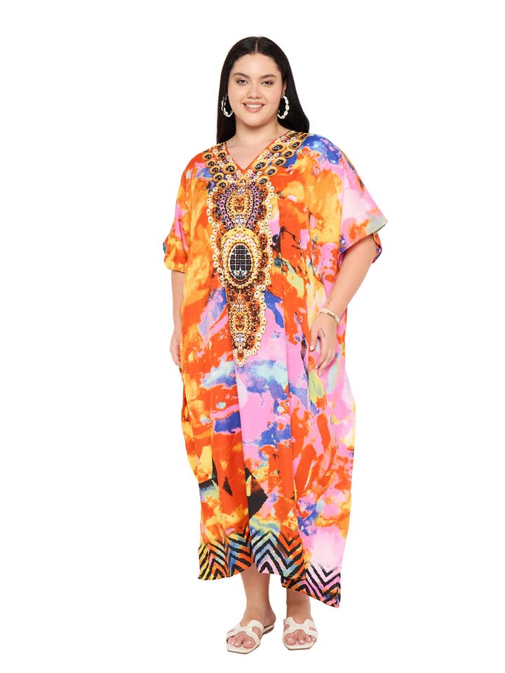 Orange Abstract Women Plus Size Caftan Swimsuit Cover Up for wholesale by GYPSIE BLU
