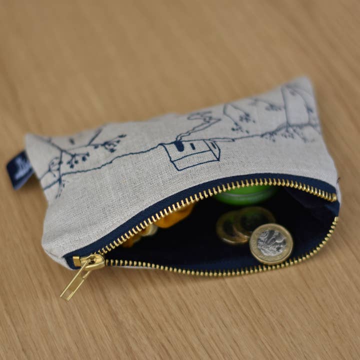 Small Rame Head Linen and Velvet pouch, designed to organise for wholesale by Helen Round - hand printed linen and bamboo wellness
