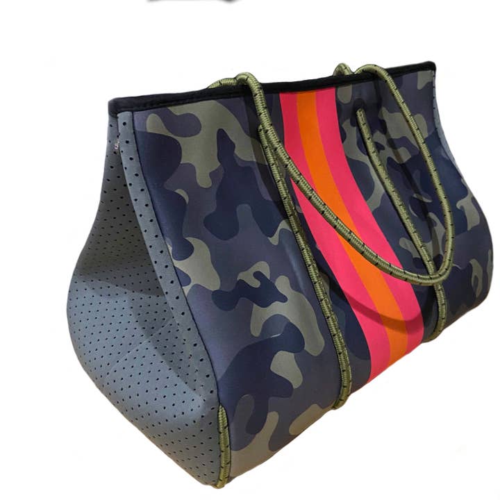 Cthru Purses - Wholesale Tote Bag - Women's - Neoprene Tote Bag Green Camo w/ Pink & Orange Stripes