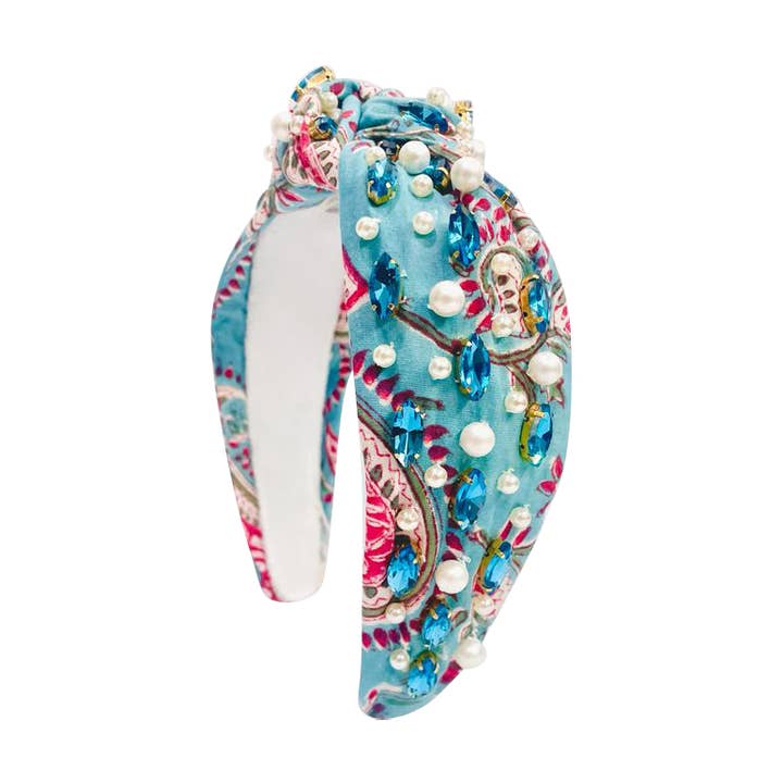 Floral Print Headband - Blue Rhinestone Pink Paisley for wholesale by Golden Lily