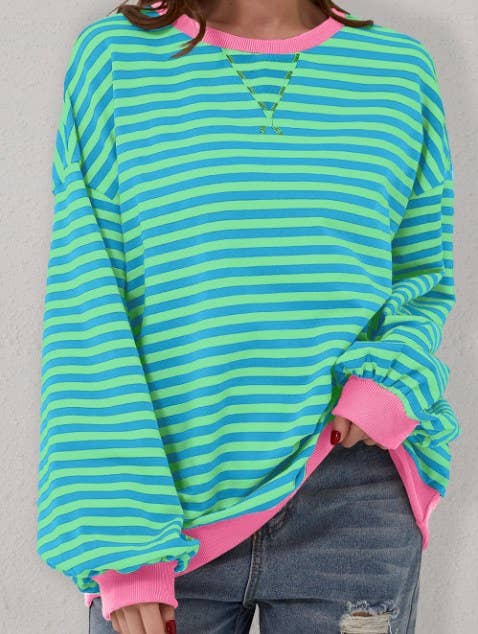 Lovesoft - Wholesale Sweatshirt - Women's - Trendy Oversized Striped Sweatshirt with Bold Trim1