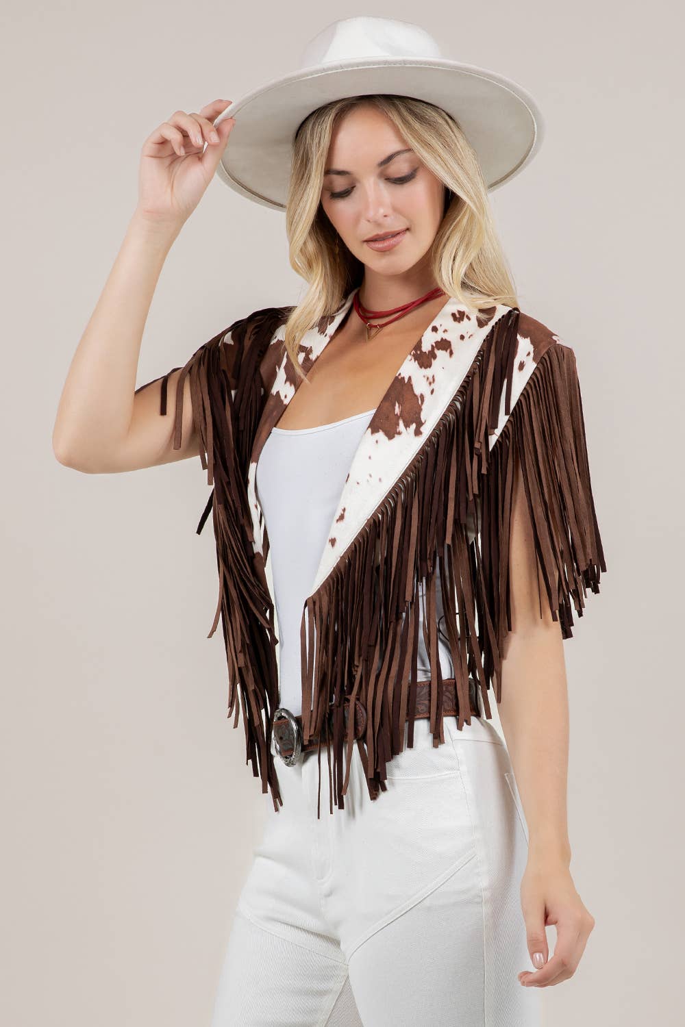 Saints & Hearts - Wholesale Outerwear Vest - Women's - SIJ5247B COW PRNT TRENDY WESTERN FRINGE SUEDE COLLAR / SHRUG1