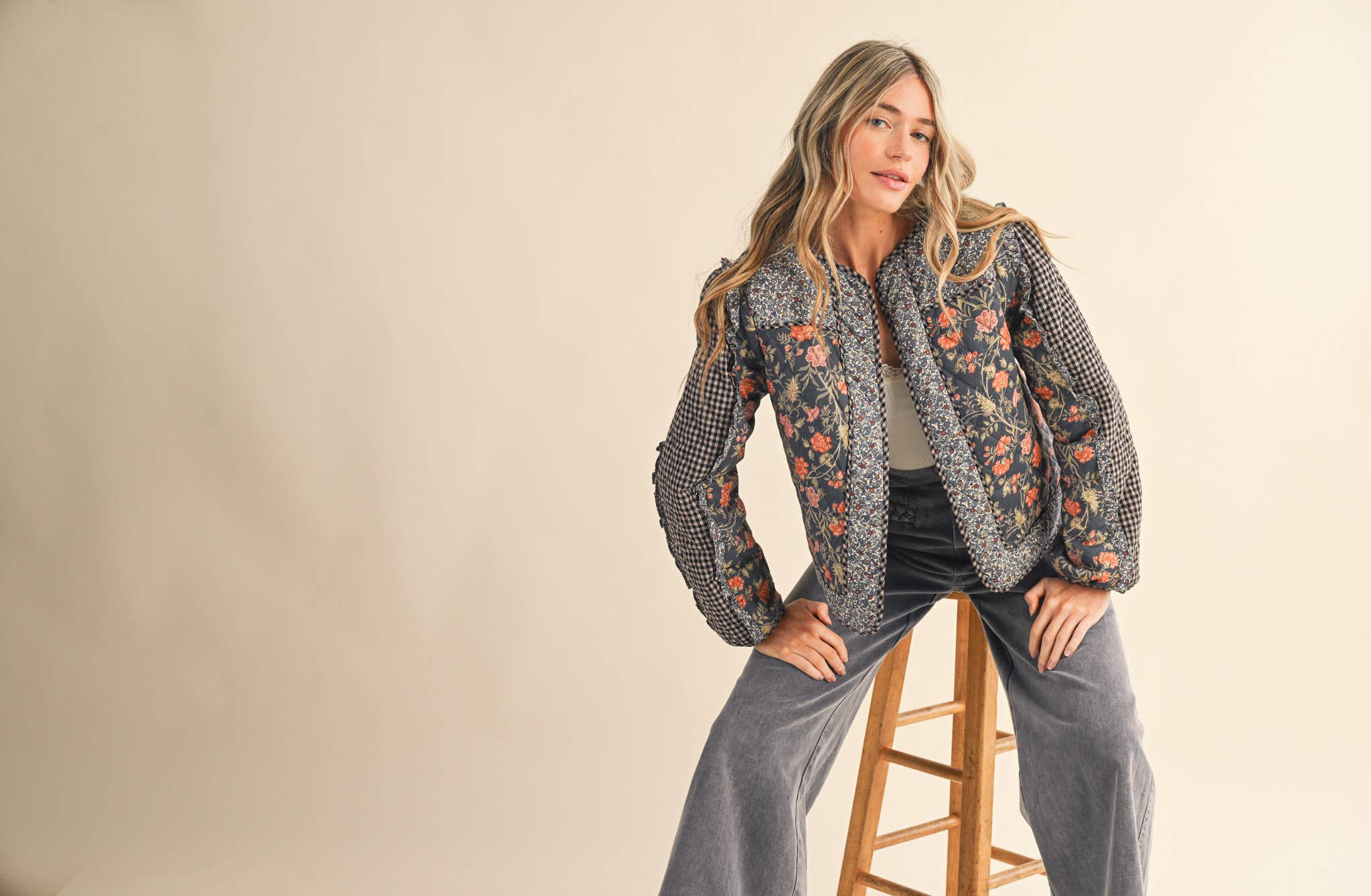 BURGUNDY MULTI MIXED PRINT QUILTED JACKET WITH RUFFLE TRIM MJK4531 for wholesale on Faire15