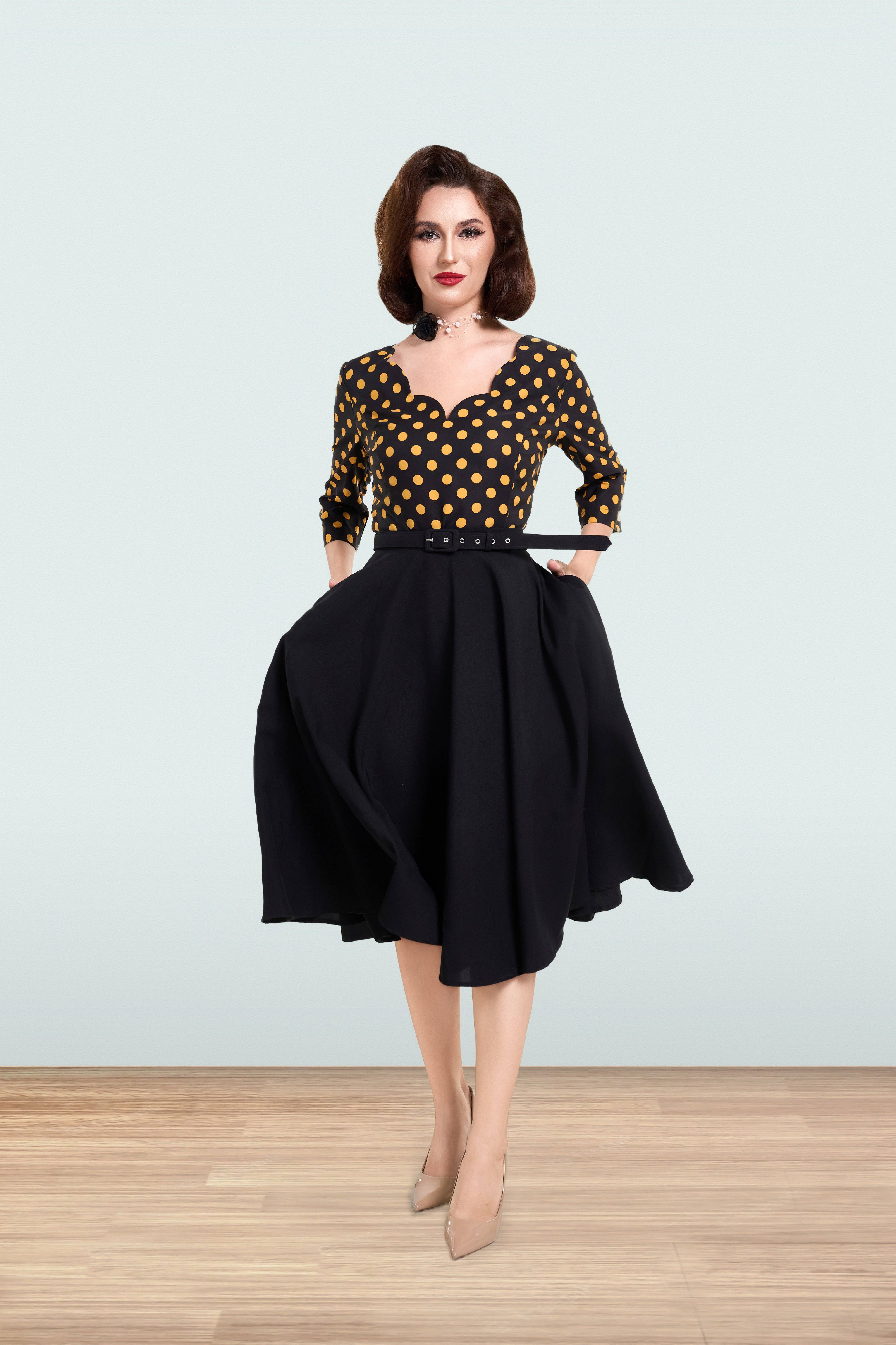 Yellow Black Odrie Polka Blouse 3/4 for wholesale on Faire