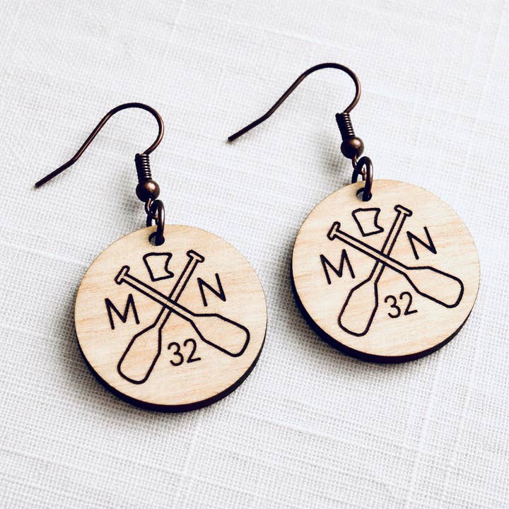 MN with Oars Engraved Wood Earrings© by Aurora North Home™ for wholesale by Aurora North Home