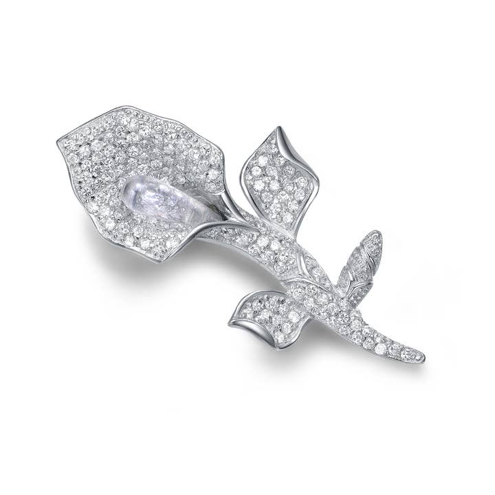 Broche fleur en argent sterling plaqué rhodium C.Z. (1073) pour la vente par Genevive