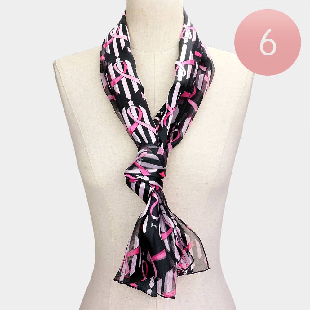 Sensibling Corp. - Wholesale Scarf - Women's - 6PCS - Silk Feel Satin Striped Pink Ribbon Pattern Printed Scarves2