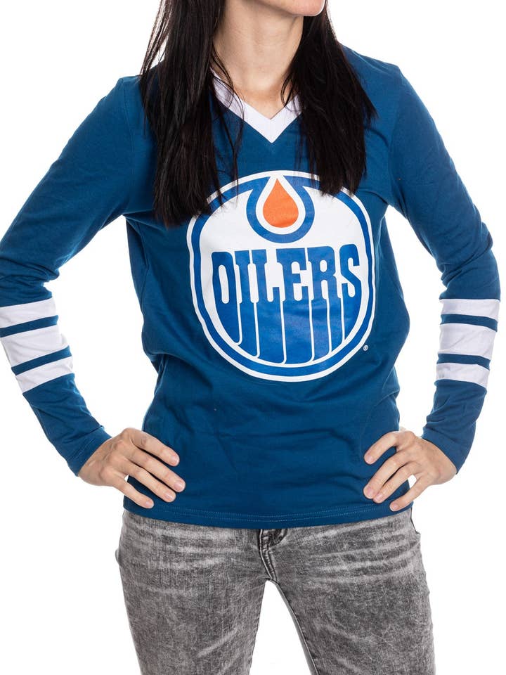 Edmonton Oilers Women's V-Neck Varsity Long Sleeve Shirt for wholesale by Calhoun Sportswear