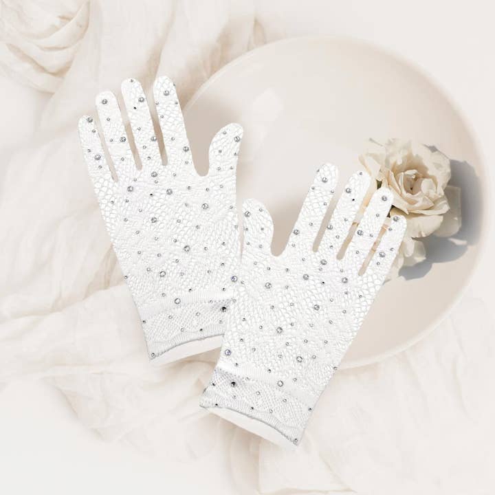 Sensibling Corp. - Vendita all'ingrosso Guanti - Donna - Guanti da sposa eleganti in pizzo floreale decorato con pietre