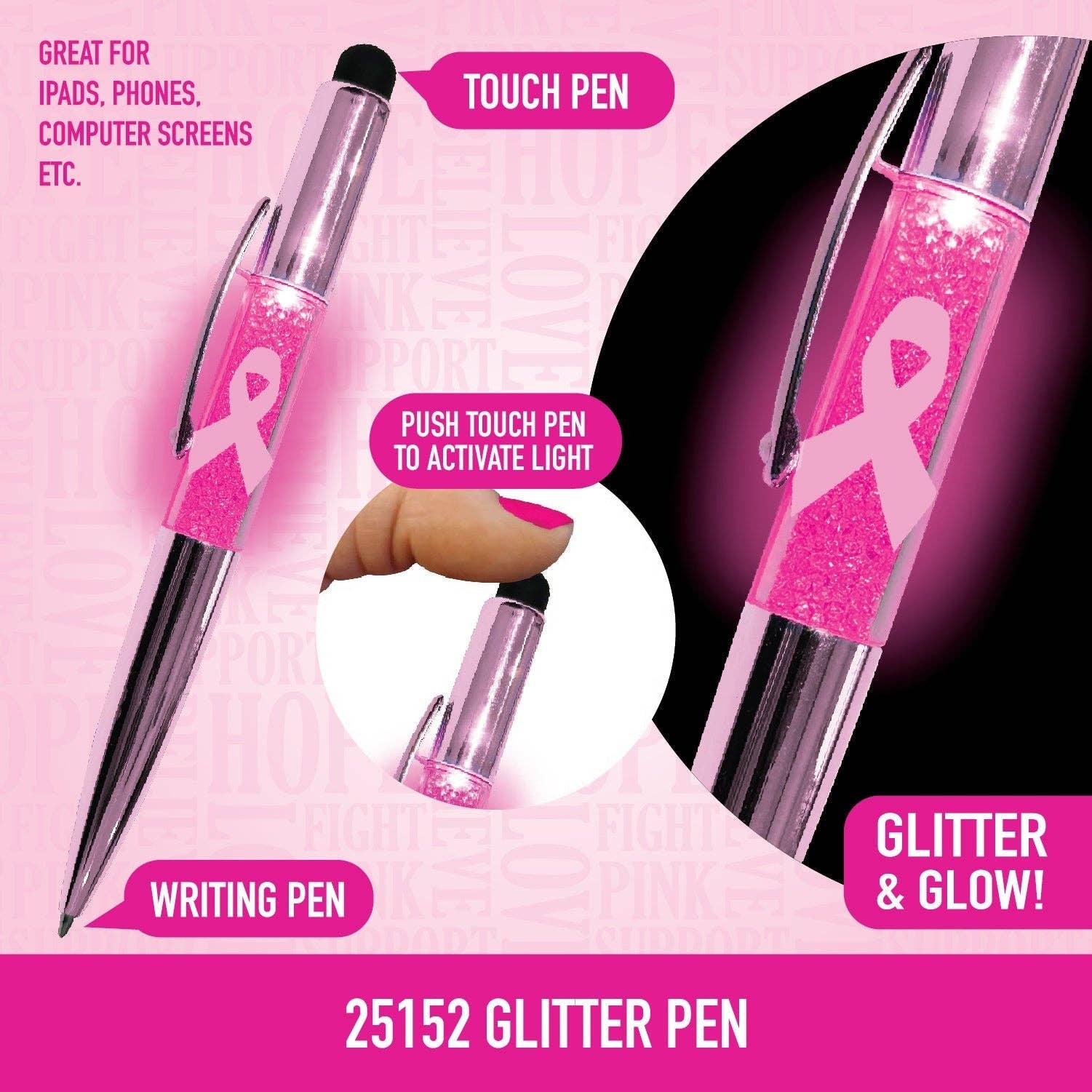Novelty Closeout - Wholesale Pen - Glitter Pen with Stylus PINK BC Awareness Theme- 6/Pack1
