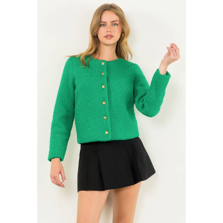 GREEN Button Up Boucle Jacket for wholesale on Faire6