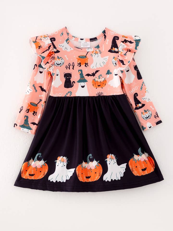 Rylee Faith Designs - Wholesale Dress - Kids - Girls Fall Halloween Ghost Pumpkin Print Long Sleeve Dress