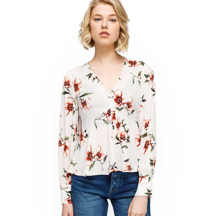 Blusa peplum con cintura imperial con flores oxidadas de Nurode para venta al por mayor de Robin K