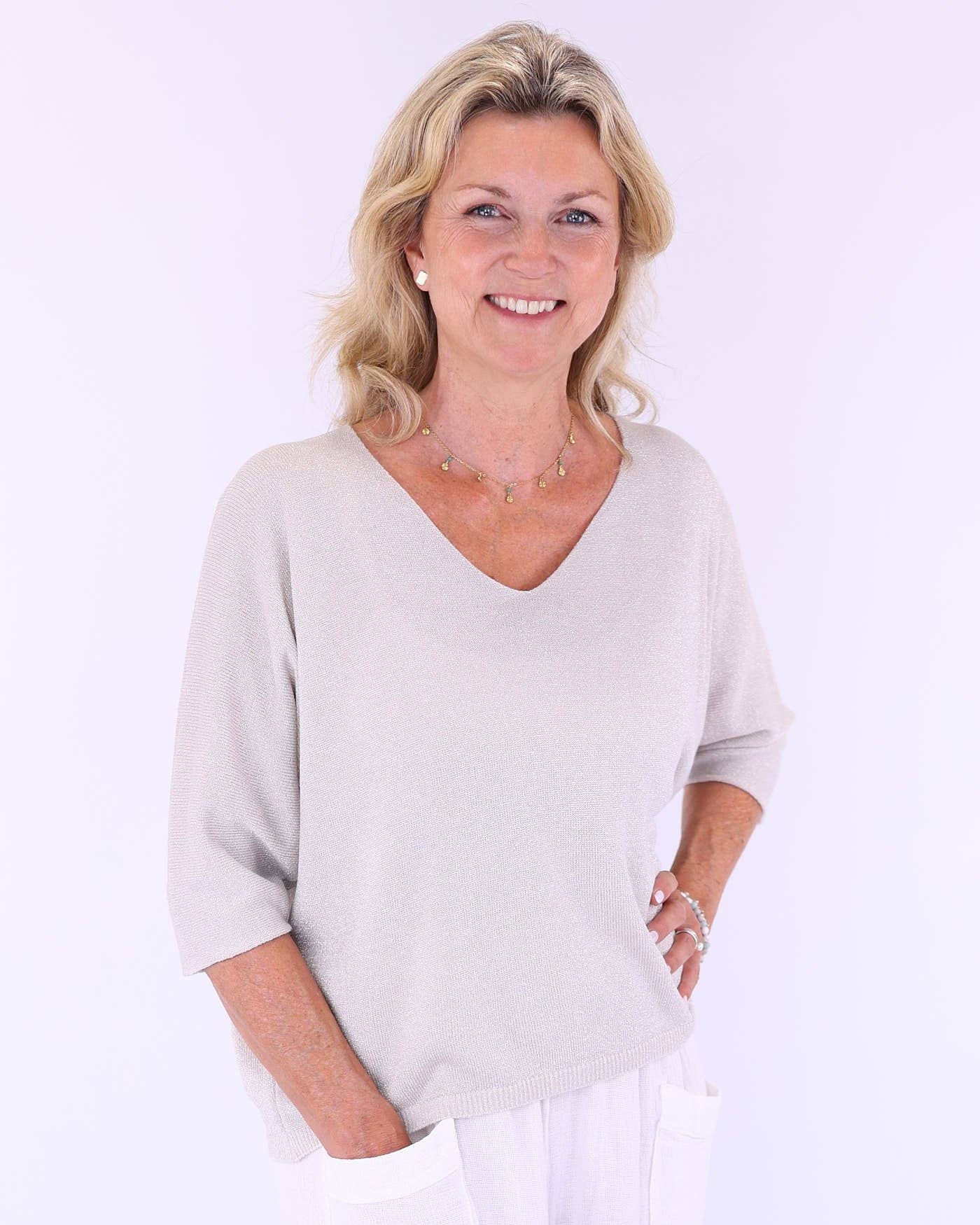 Cadenza Italy Ltd – wholesale Knit top – Women's – Modal Blend V Neck Sparkle Top3