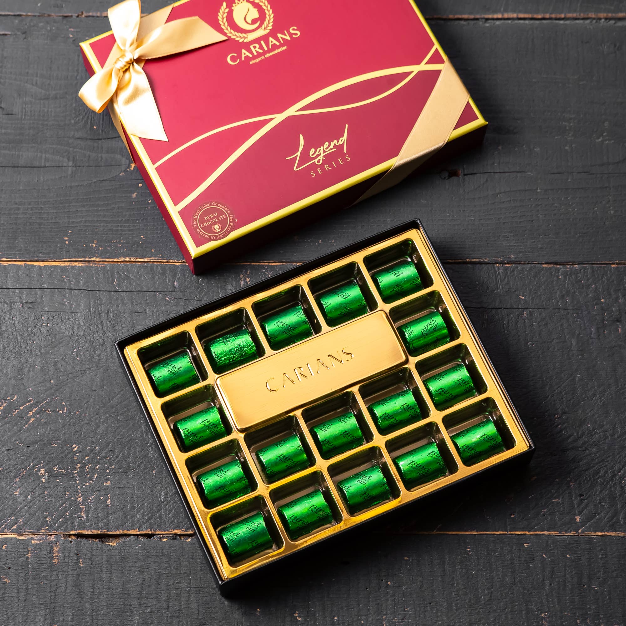 Carian's Bistro Chocolates - Wholesale Chocolate Box - Viral Dubai Chocolate Gift Box with Gold Ribbon Wrapped1
