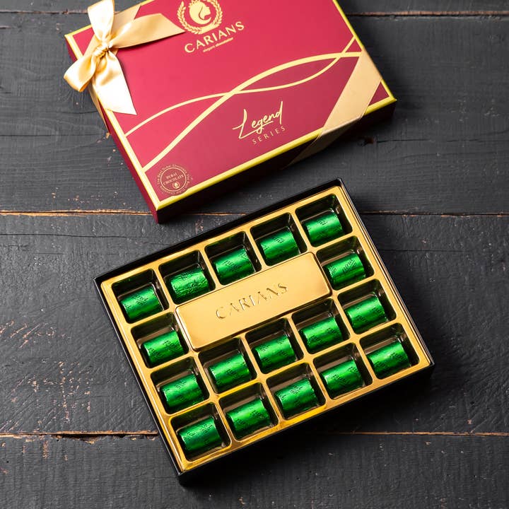 Carian's Bistro Chocolates - Wholesale Chocolate Box - Viral Dubai Chocolate Gift Box with Gold Ribbon Wrapped1