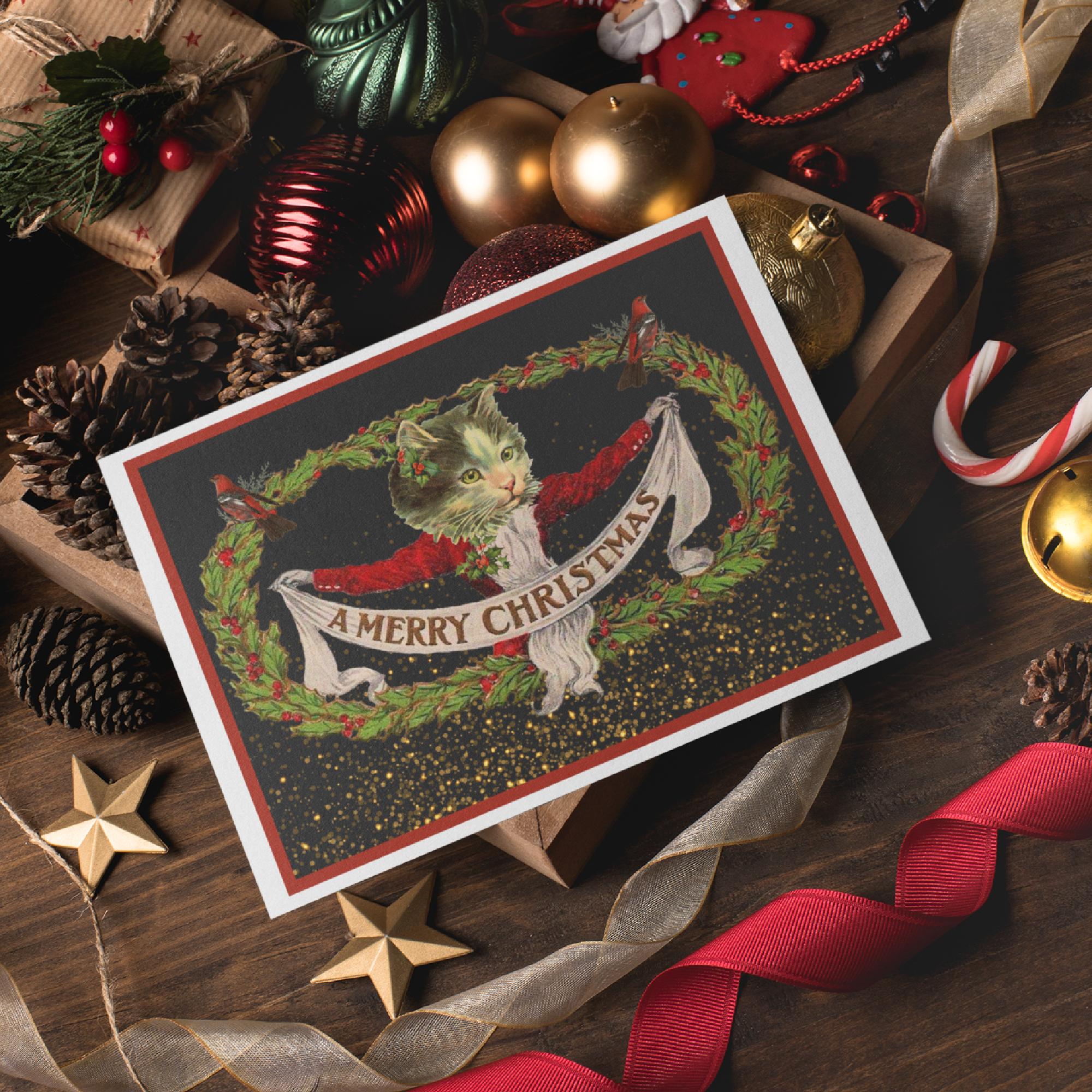 Cheerful Whimsies - Wholesale Christmas Card - Christmas Card. Vintage Cat With Banner.2
