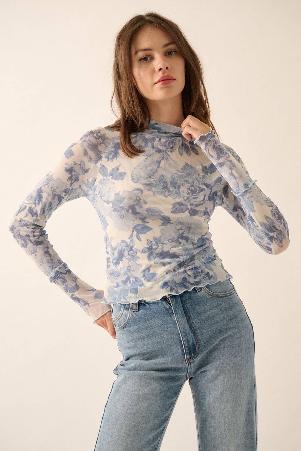 Promesa USA - Wholesale Blouse - Women's - Floral Mesh Mock-Neck Thumbhole Top5