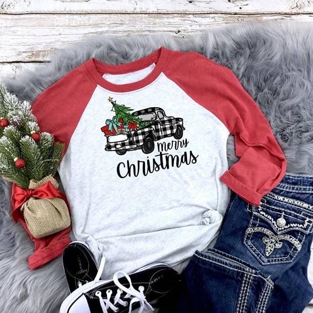 Buffalo Plaid Truck Raglan Printed Tee for wholesale by Simple Tymes