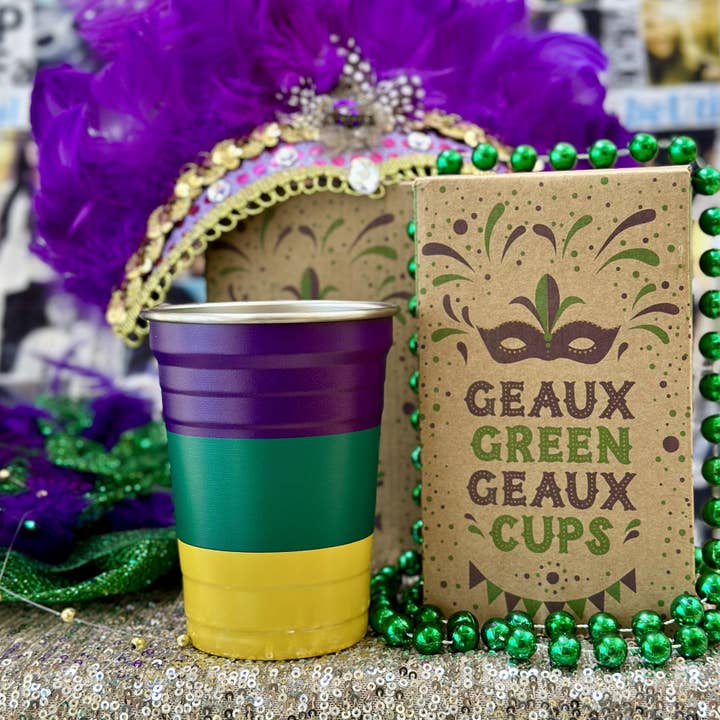 WHEREable Art, LLC - Wholesale Drinking Glass/Cup - Mardi Gras Geaux Green Geaux Cups