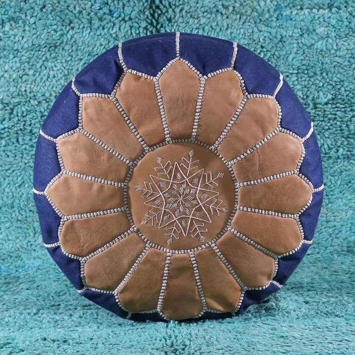 Unique pouf, Handcrafted Leather and Denim Pouf for wholesale by The Wool Rugs