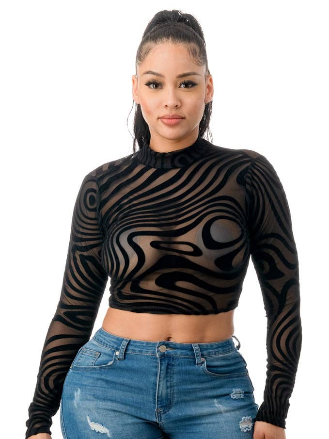 Black T5040-BURNOUT MESH MOCK NECT TOP for wholesale on Faire0