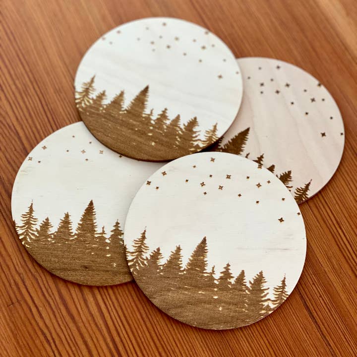 Pine Trees & Stars Engraved Wood Coasters for wholesale by Munsell Made