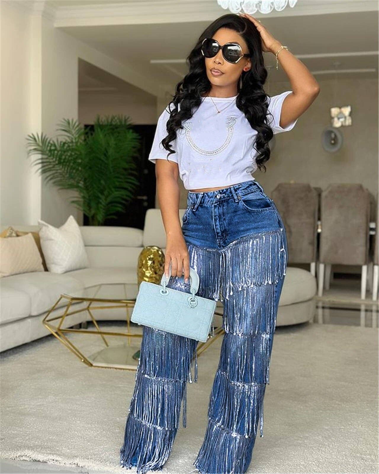 MB Fashion Wholesale - Vente Jean – femme - Jean large taille haute avec franges MB FASHION 24049