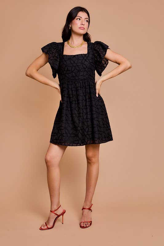 Black SQUARE NECK RUFFLE SLEEVE MINI DRESS for wholesale on Faire3