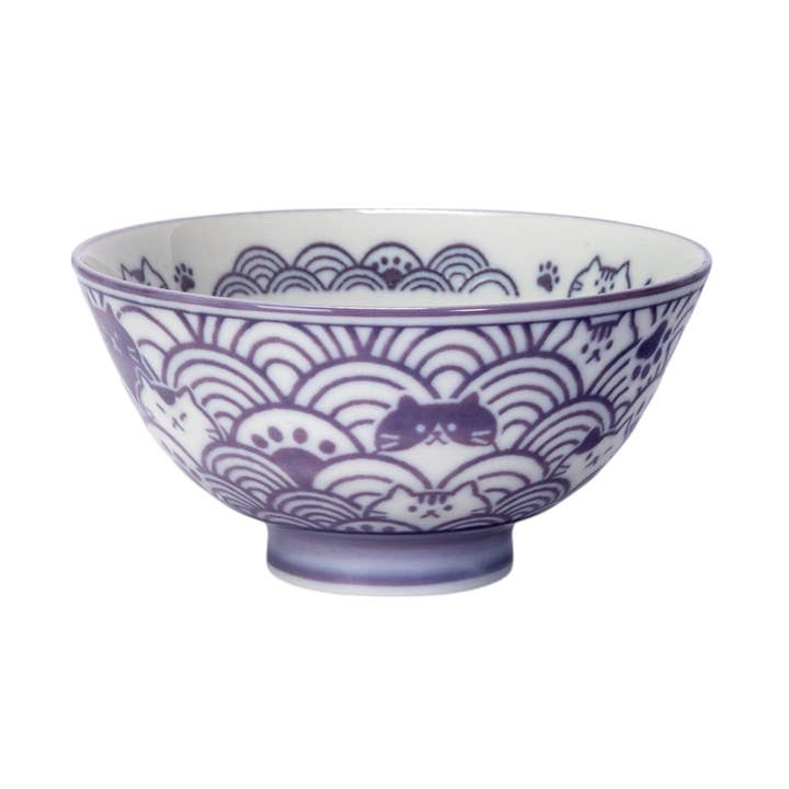 Seikaiha Neko Design 10oz 4.5"Dia x 2.5"H Porcelain Rice Bowl Purple JP (5/90) for wholesale by Urban Tokyo