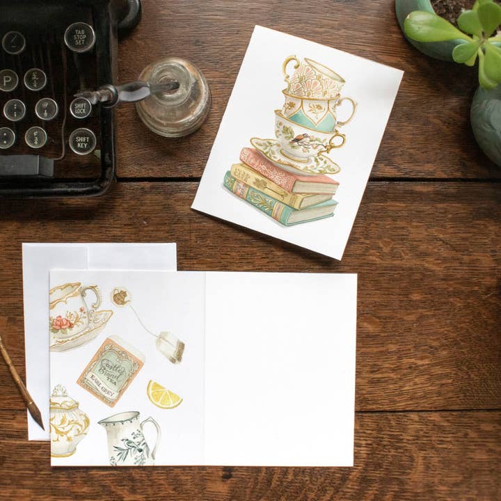 Vintage Teacup Stack on Antique Books Notecard for wholesale by ALICIA'S INFINITY