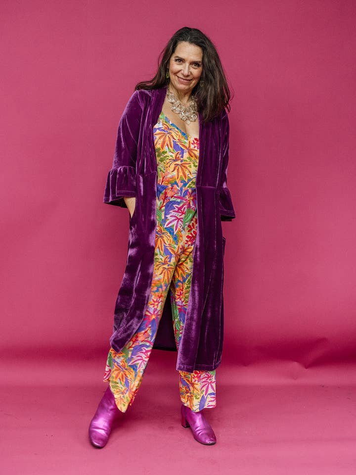 Maxi cardigan en velours à volants couleur prune pour la vente par Megan Crook Textiles