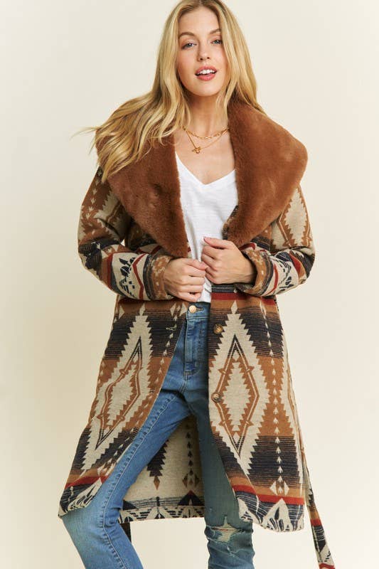 Pink Irene Wholesale – wholesale Jacket – Women's – AZTEC JACKET SHACKET WITH CONTRAST FUR SHOWL COLLA1