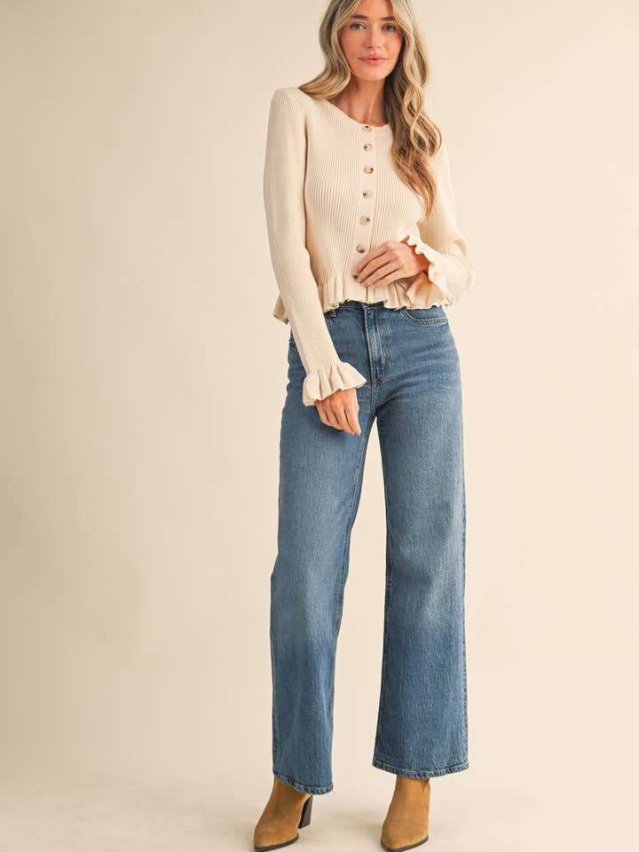 &MERCI - Wholesale Cardigan - Women's - RUFFLE HEM RIBBED KNIT SWEATER CARDIGAN MSW1124926