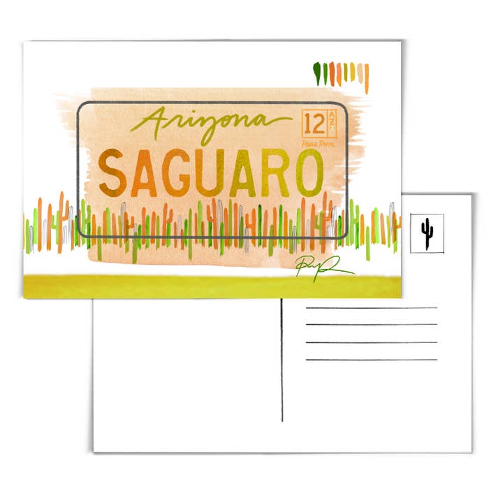 "Saguaro" Arizona License Plate Postcard for wholesale by Paige Poppe Art