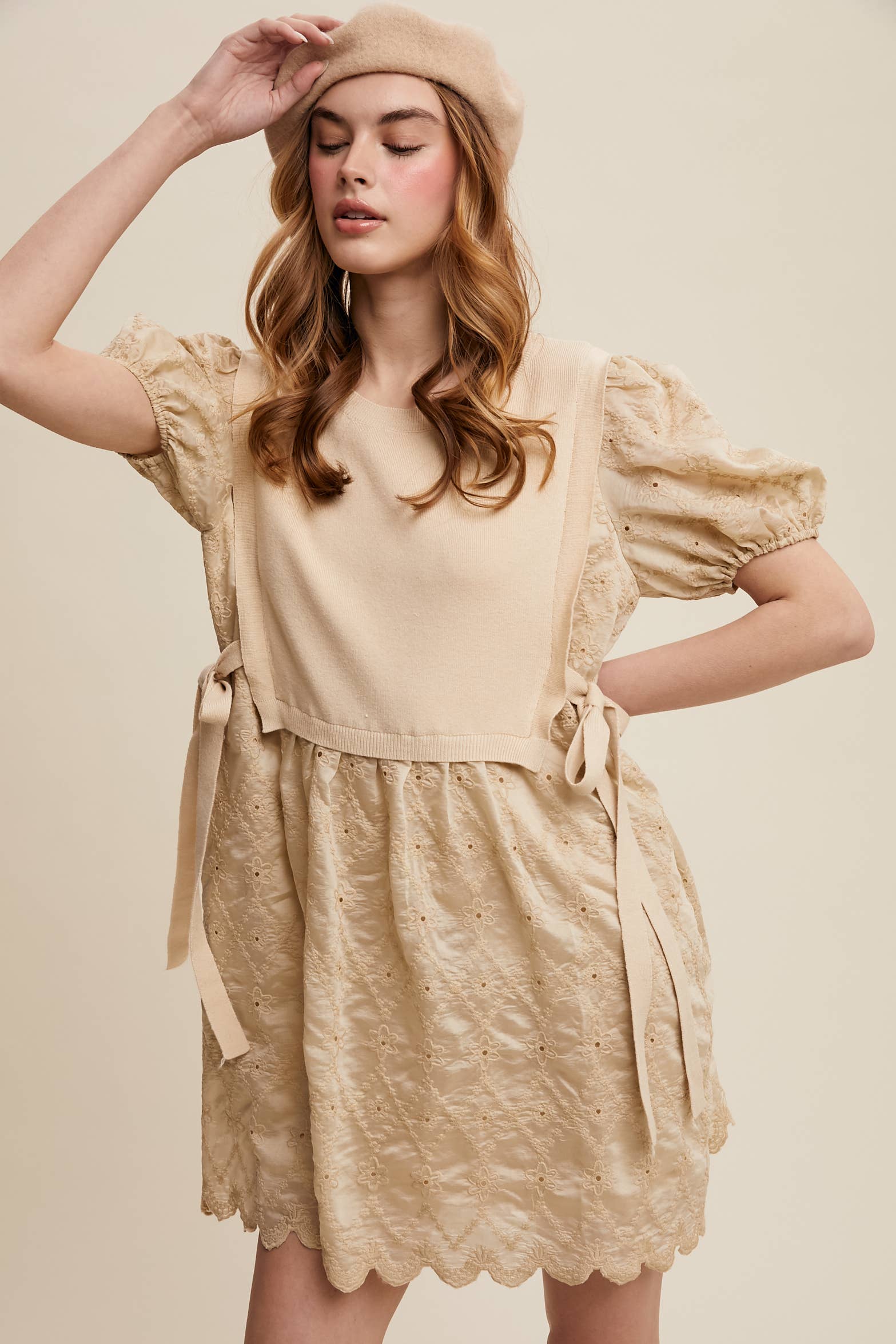 Listicle - Wholesale Dress - Women's - Embroidered Puff Sleeve Dress with Knit Vest9
