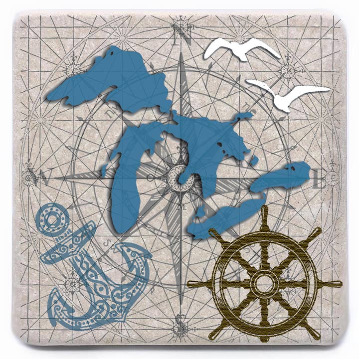 Nautical Great Lakes Michigan Stone Coaster for wholesale by Noomoon