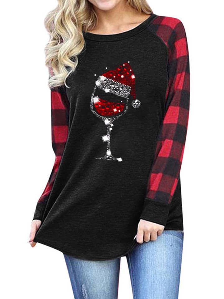 Suzie Q USA - Vendita all'ingrosso Maglietta serigrafata - Donna - T-shirt a maniche lunghe con cappello natalizio da donna in vetro2