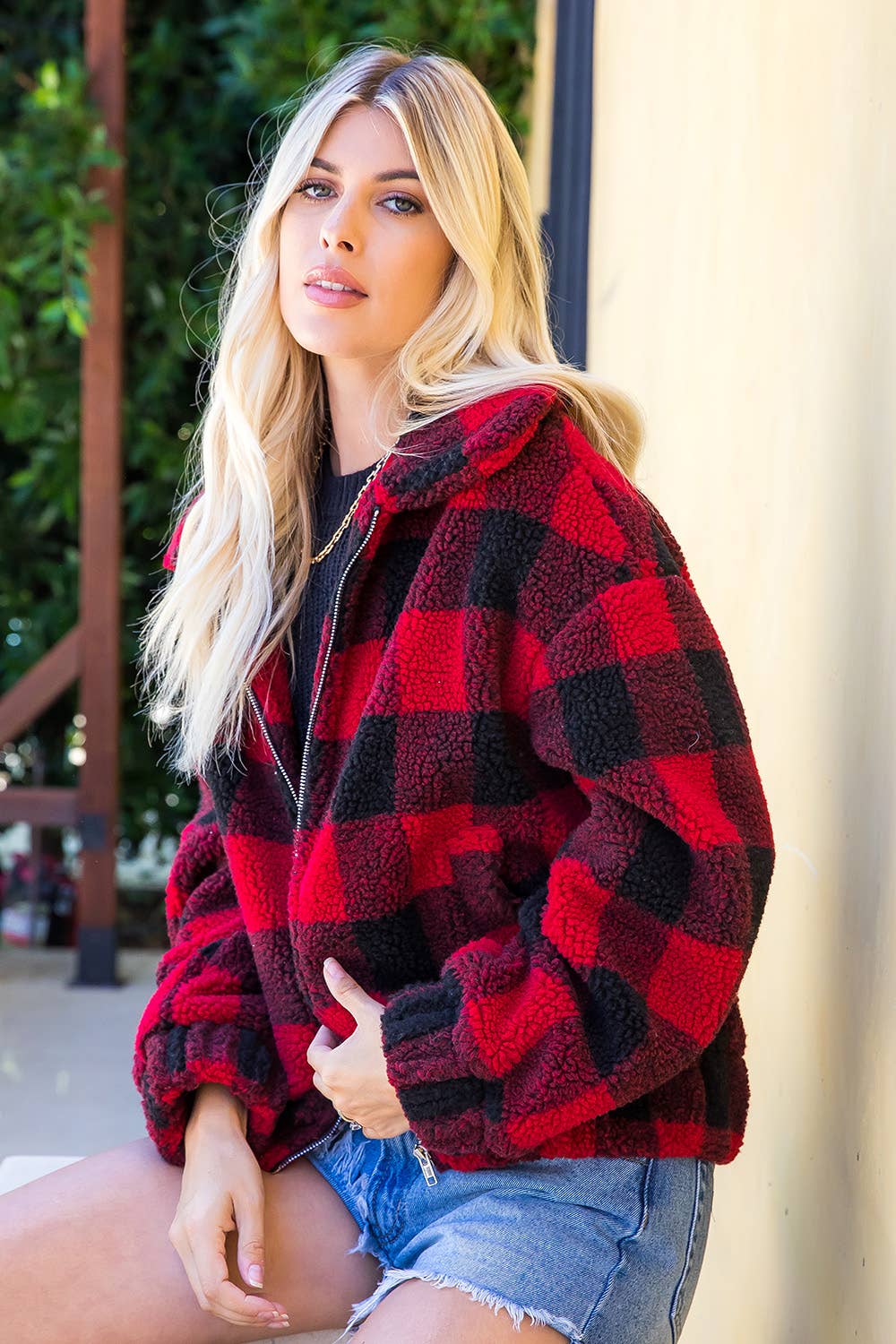 RED BLACK PLAID CHECKER ZIPPED JACKET for wholesale on Faire10