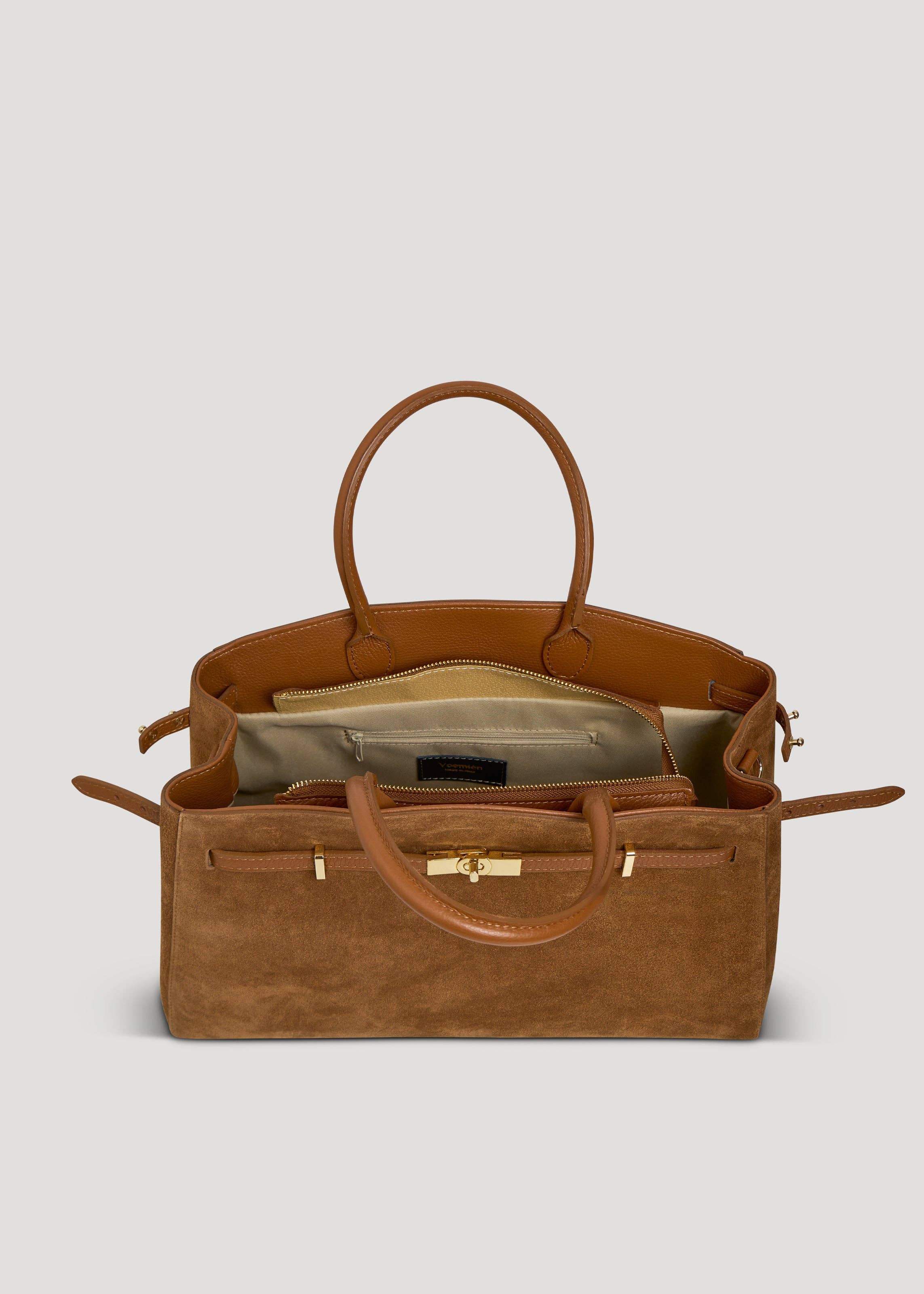 Voemièn - Wholesale Top Handle Bag - Women's - Driade Bag in Tan Suede and Dollar Leather5