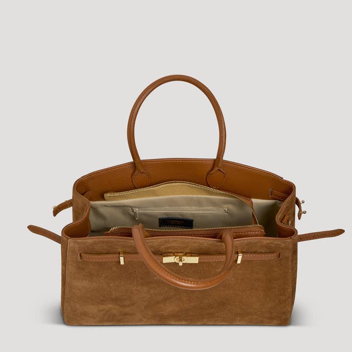 Voemièn - Wholesale Top Handle Bag - Women's - Driade Bag in Tan Suede and Dollar Leather5