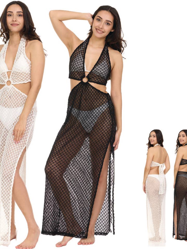 Diamond Mesh Ring Halter Cover-Up Dress w/ Strappy Details for wholesale by Aruba Blue