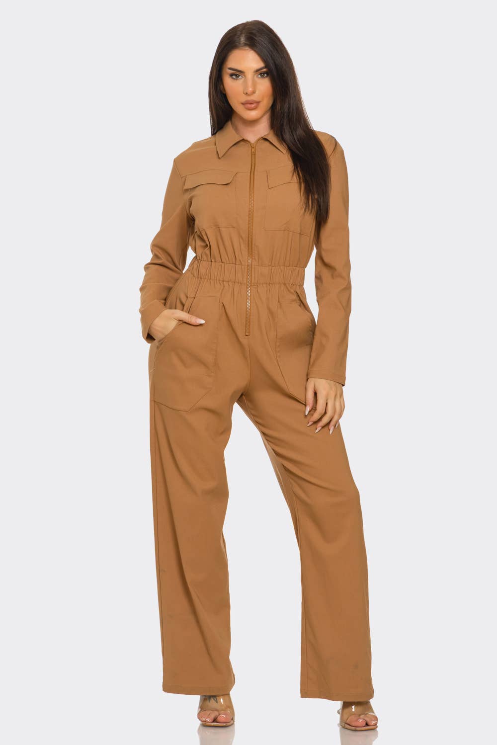 Camel Front Zipper Detail Elastic Waistband Jumpsuit for wholesale on Faire